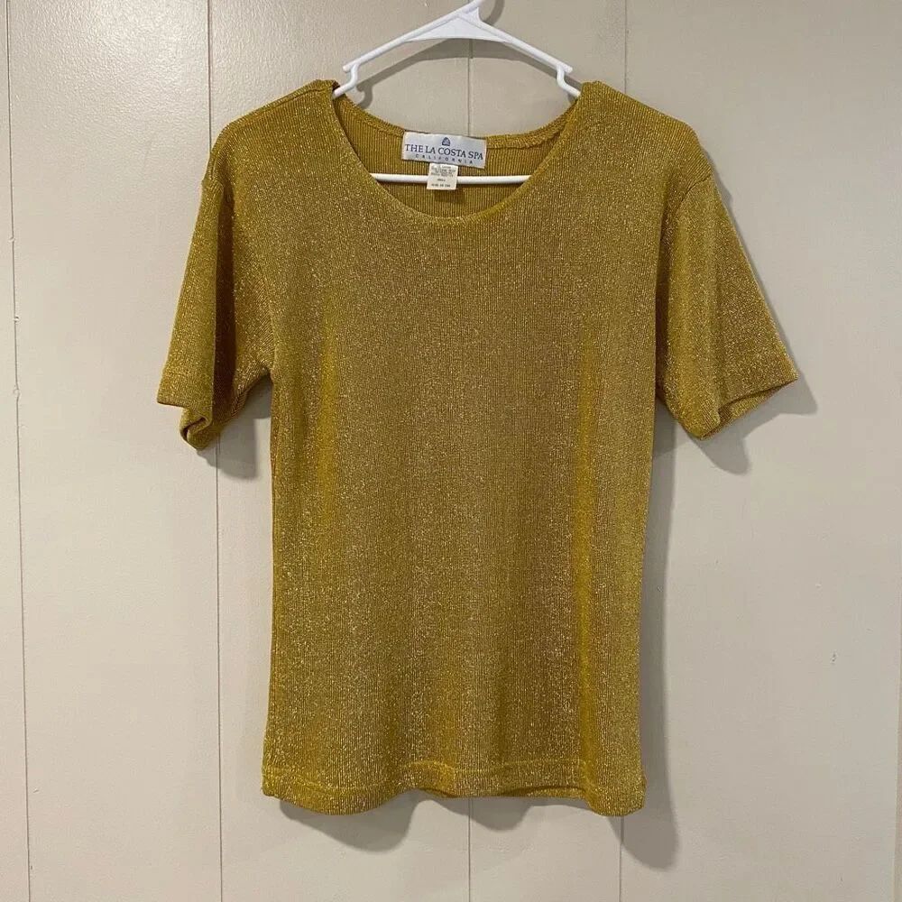 Vintage La Costa Spa Gold Metallic Knit Top – Made in USA Small